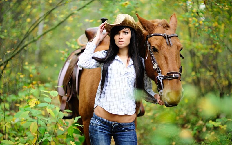Woman with Horse in Forest — Green, Natural, Autumn