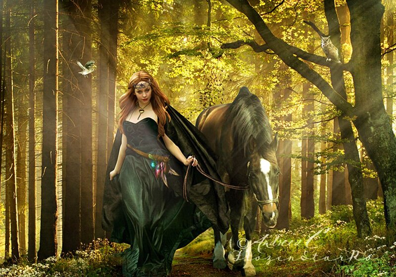 Woman with Horse in Forest — Green, Serene, Afternoon, Digital Art, Bird