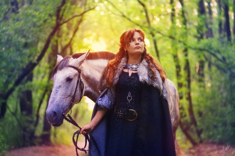 Woman with Horse in Forest — Green, Serene, Afternoon