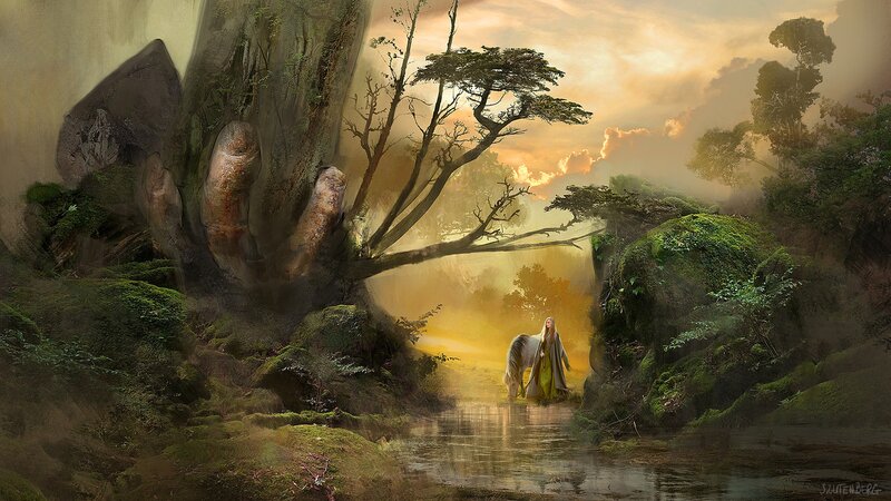Woman with Horse in Forest — Green, Serene, Sunset
