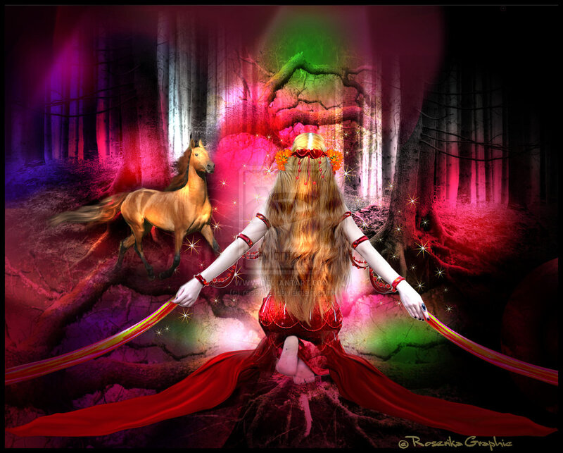 Woman with Horse in Forest — Red