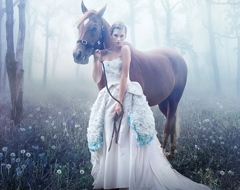 Woman with Horse in Forest — White
