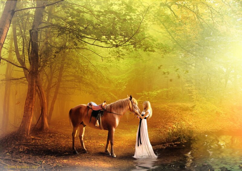 Woman with Horse in Forest — Yellow