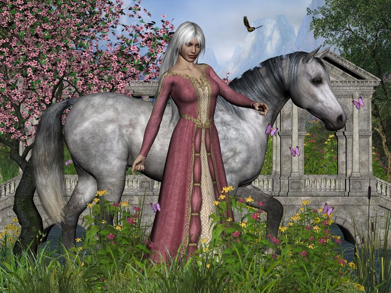 woman with horse in garden