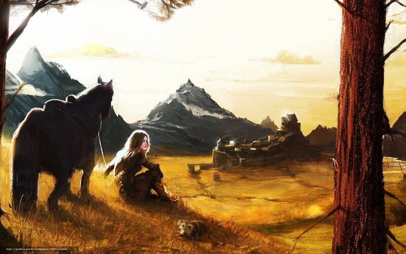 Woman with horse in mountain valley