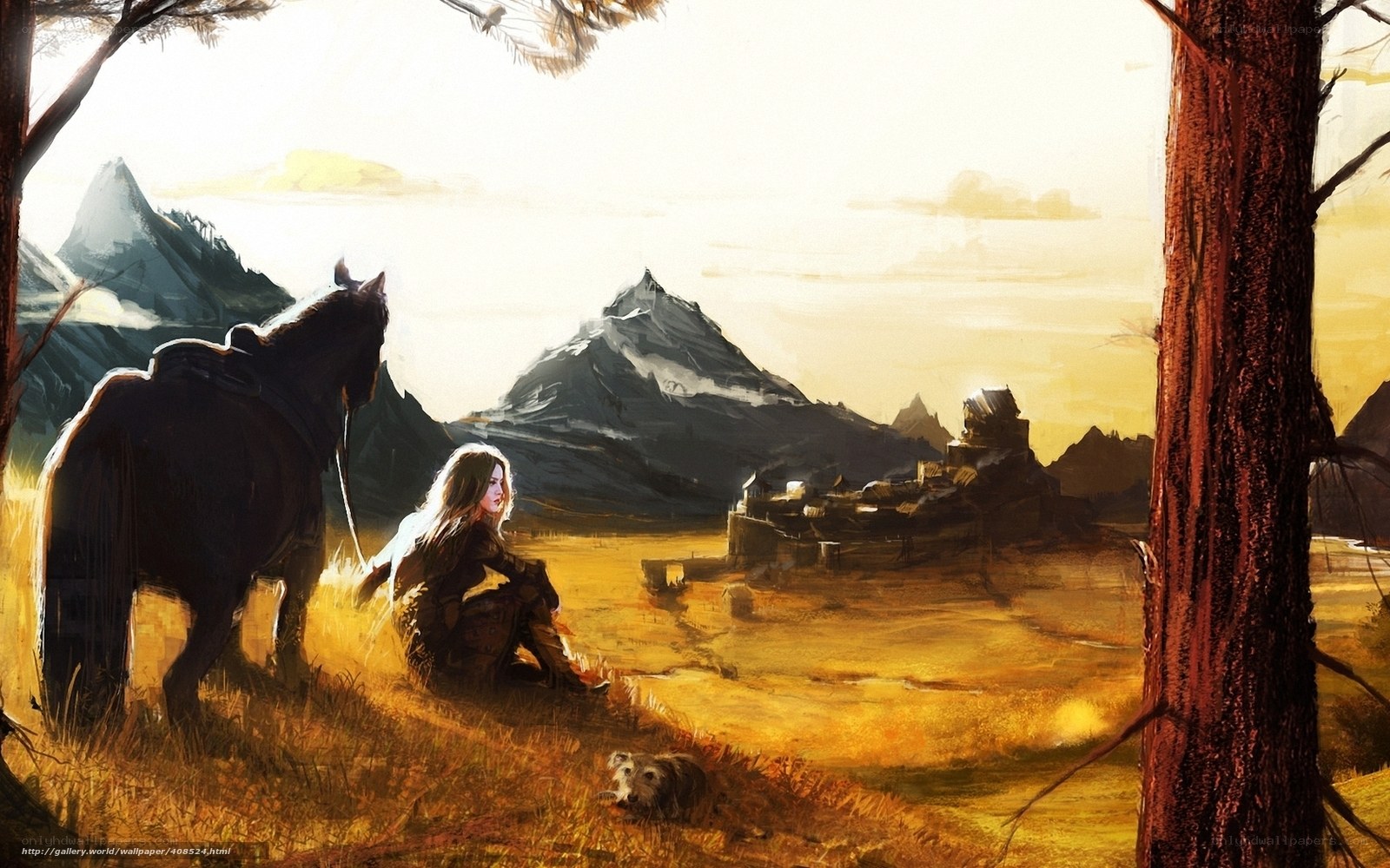 Woman with horse in mountain valley