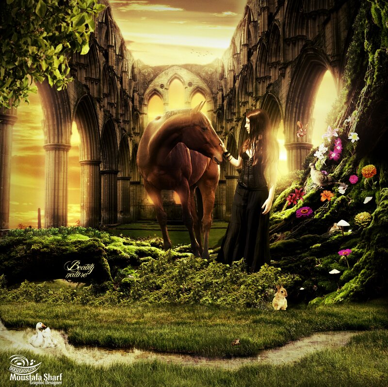 Woman with Horse in Ruins
