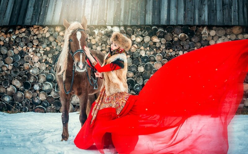 Woman with Horse in Snow — Red, Dramatic