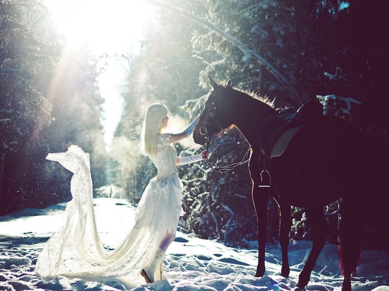 Woman with Horse in Snow — White, Dramatic