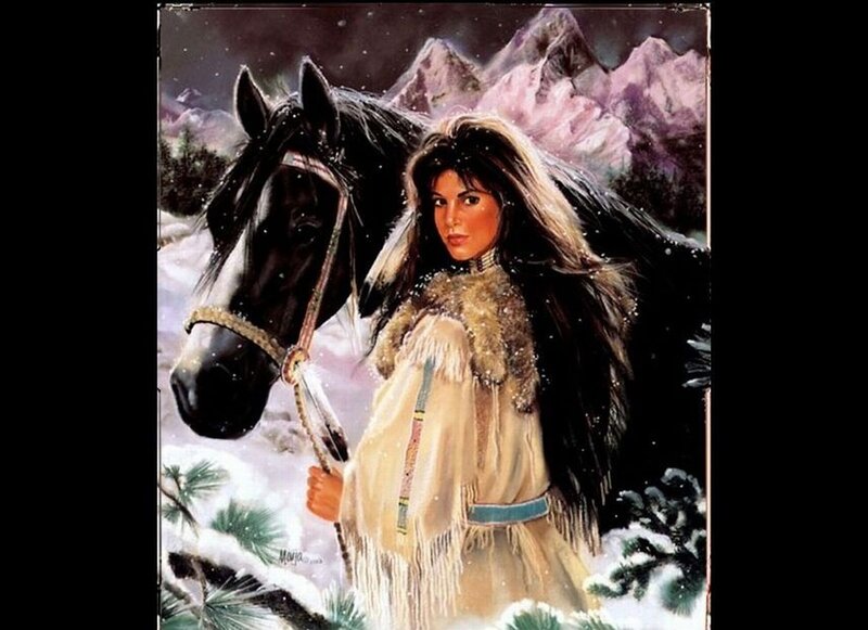 Woman with Horse in Snow — White