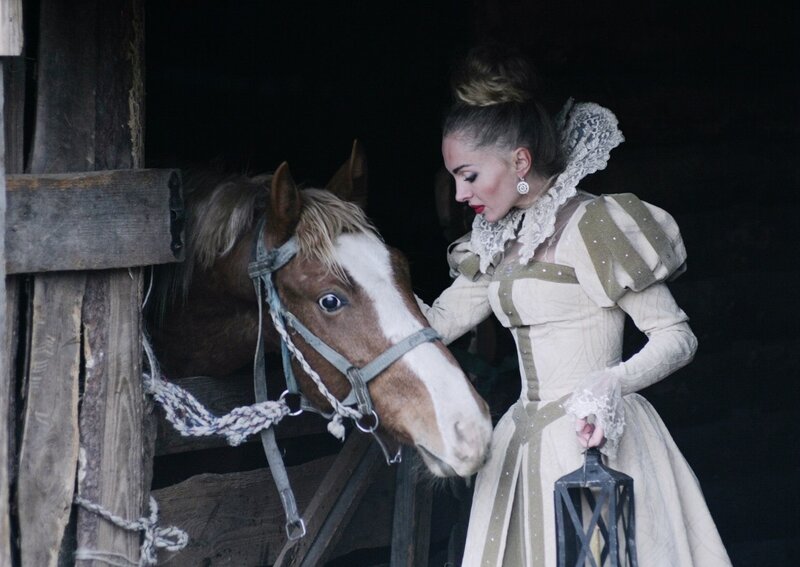Woman with Horse in Stable — Brown, Dramatic, Night