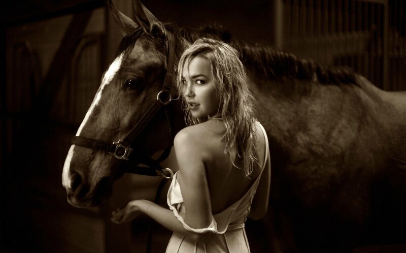 Woman with Horse in Stable — Brown, Dramatic