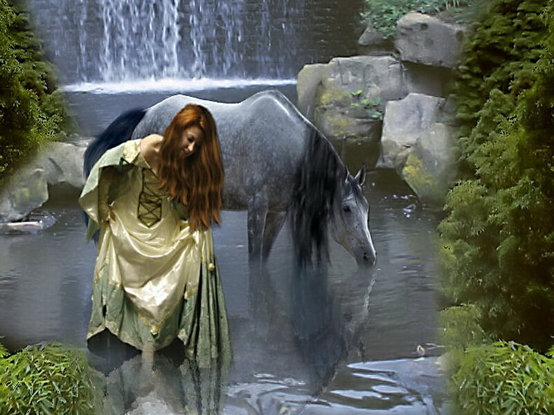 Woman with Horse in Stream