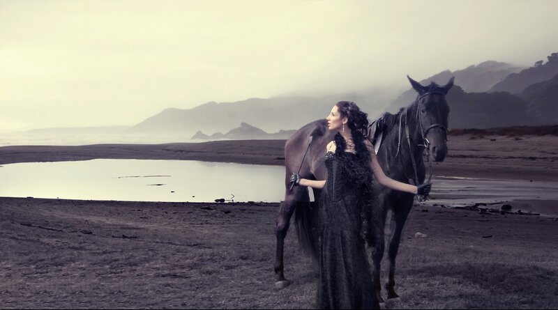 Woman with Horse on Beach — Gray
