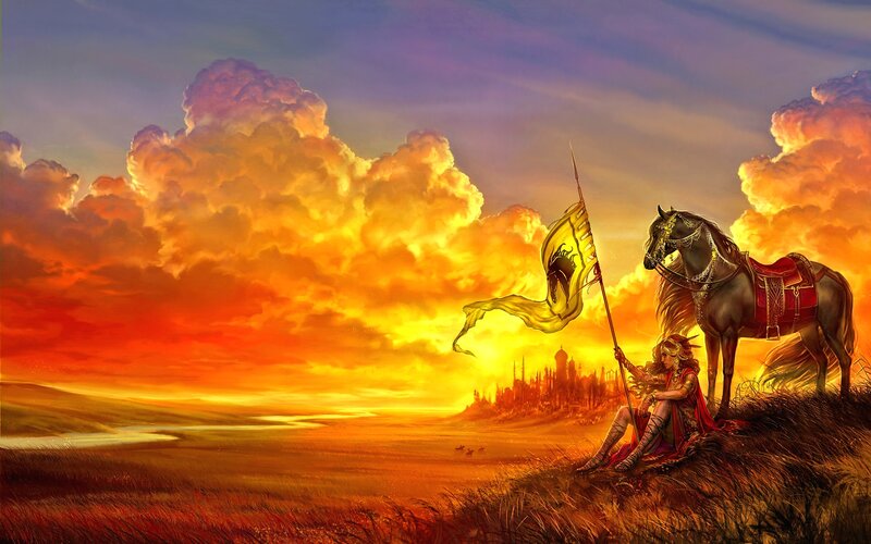 Woman with Horse on Hill — Orange, Dramatic