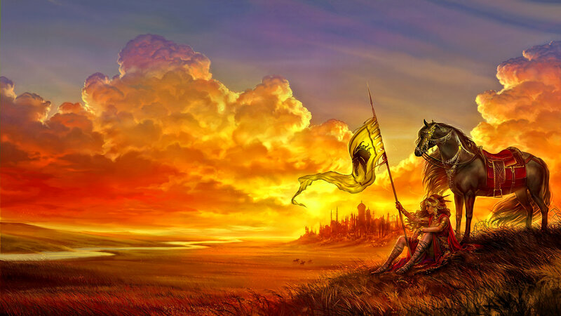 Woman with Horse on Hill — Orange