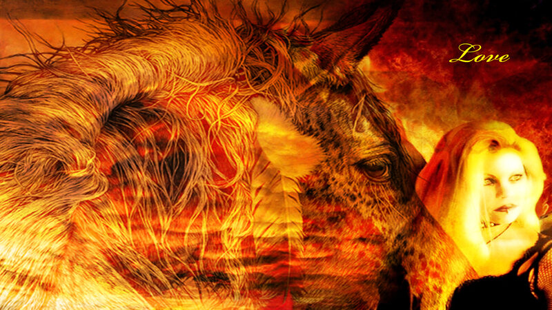 Woman with Horse — Orange, Dramatic, Digital Art