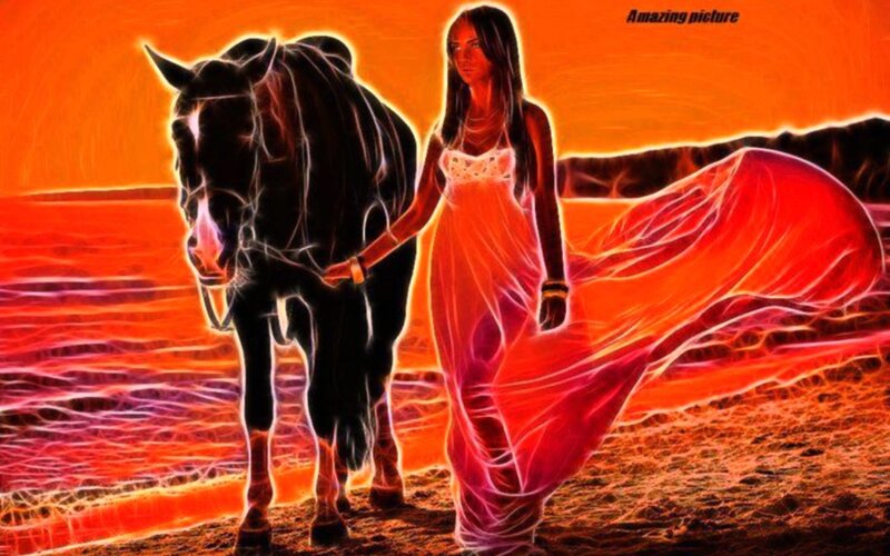 Woman with Horse — Orange, Dramatic, Sunset