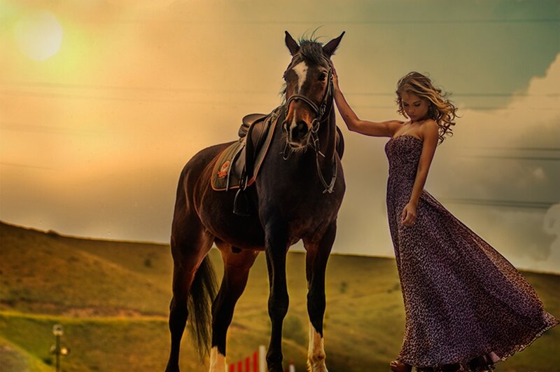 Woman with Horse — Purple, Dramatic, Sunset