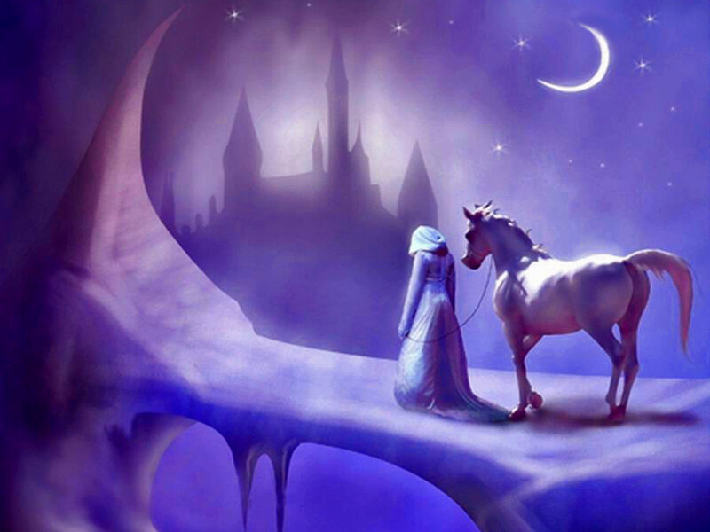 Woman with Horse — Purple, Serene, Night, Digital Art