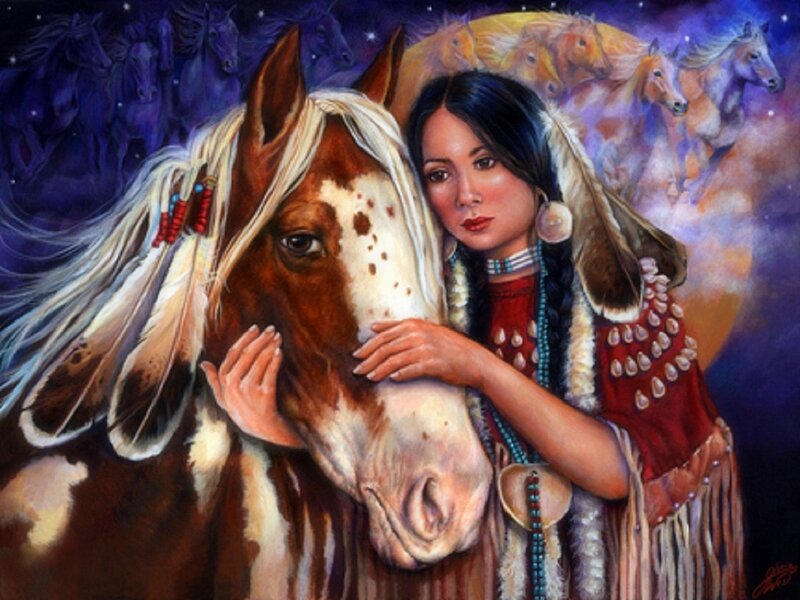 Woman with Horse — Purple, Serene, Night, Painting