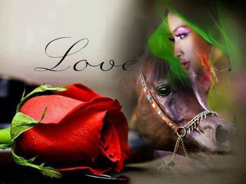 Woman with Horse — Red, Dramatic, Digital Art