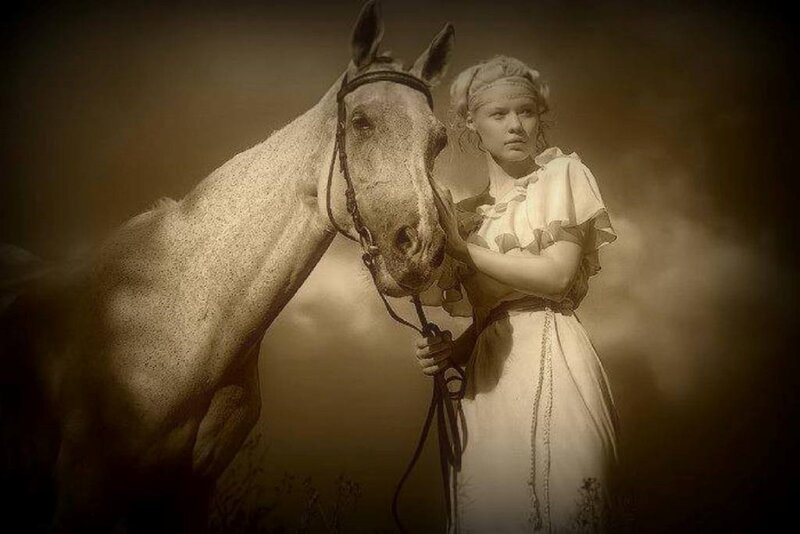 Woman with Horse — Sepia, Dramatic, Photograph