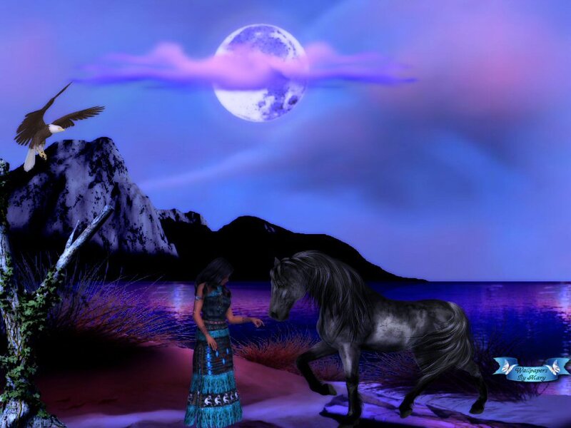 woman with horse under moonlight