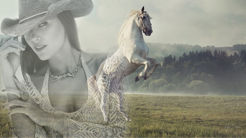 Woman with Horse — White, Dreamy