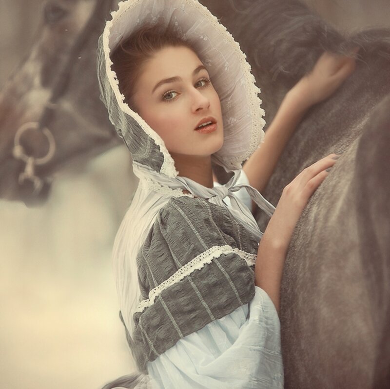 Woman with Horse — White, Serene, Photograph, Bonnet