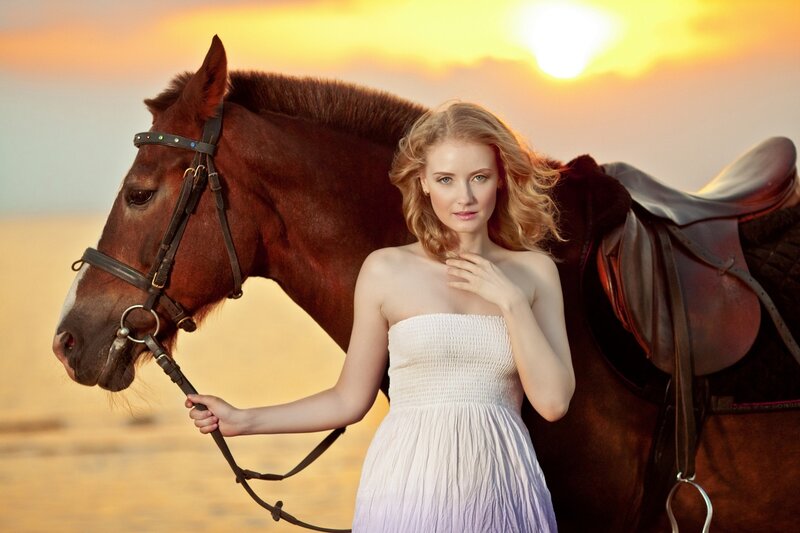 Woman with Horse — White, Serene, Sunset