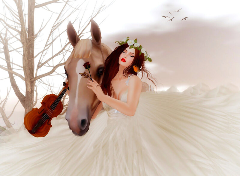Woman with Horse — White, Serene, Winter, Digital Art