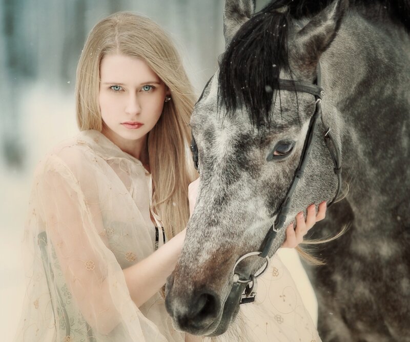 Woman with Horse — White, Serene, Winter, Photograph