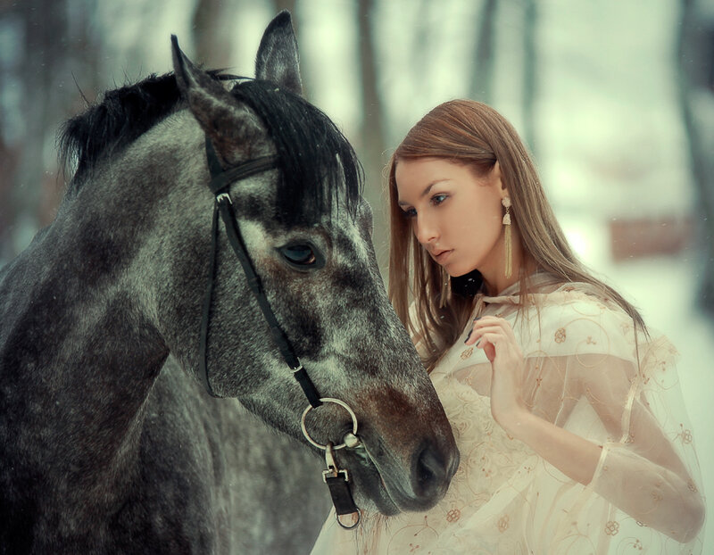 Woman with Horse — White, Serene, Winter