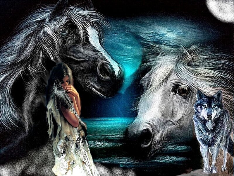Woman with Horses and Wolf — Black