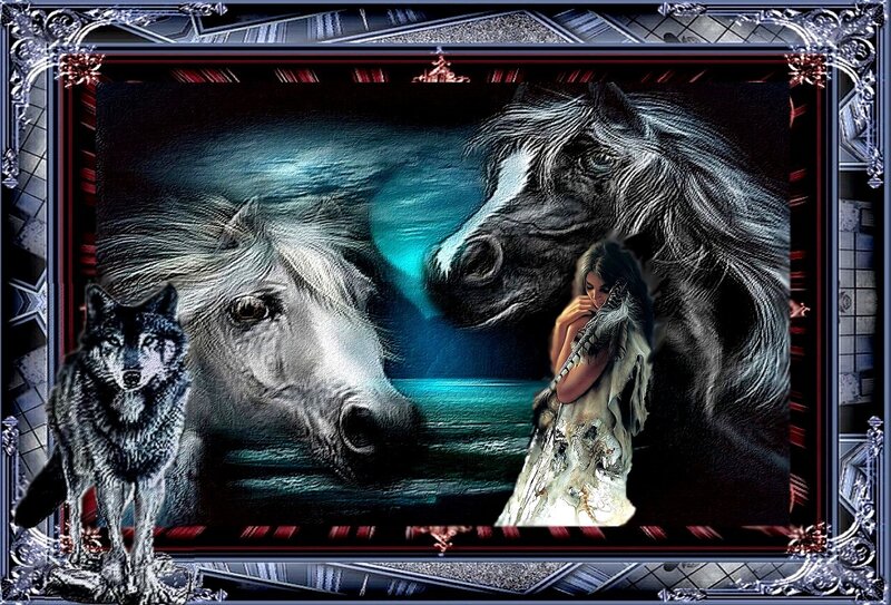 Woman with Horses and Wolf