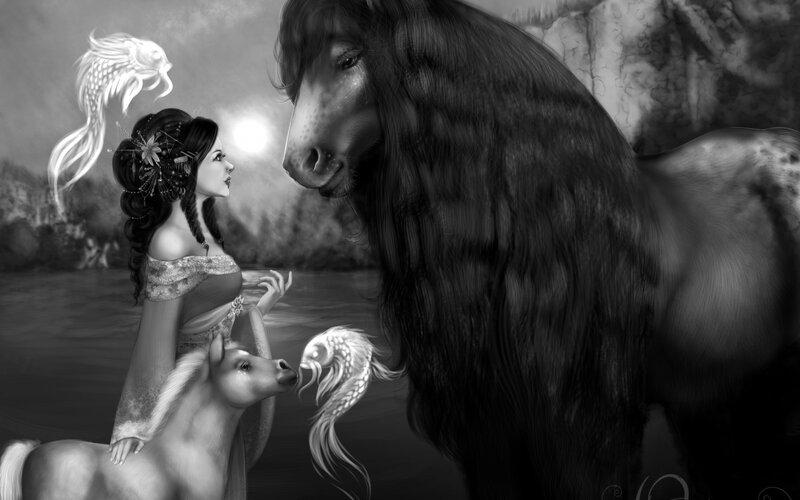 Woman with Horses — Black, Serene