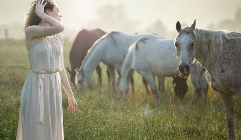 Woman with Horses — Green, Serene