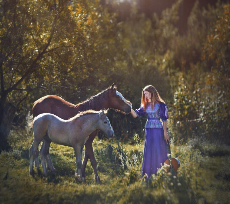 Woman with Horses — Purple, Serene