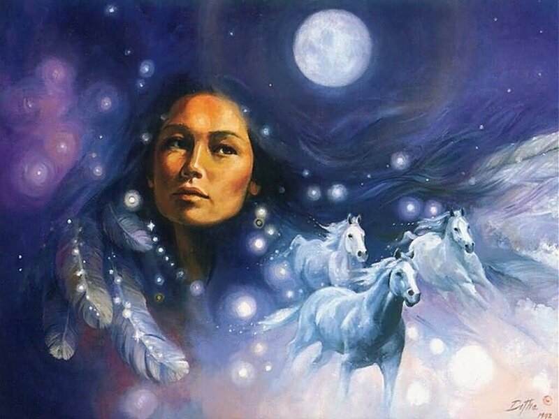 woman with horses under moon