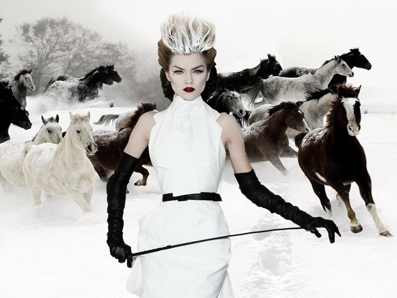 Woman with Horses — White, Dramatic