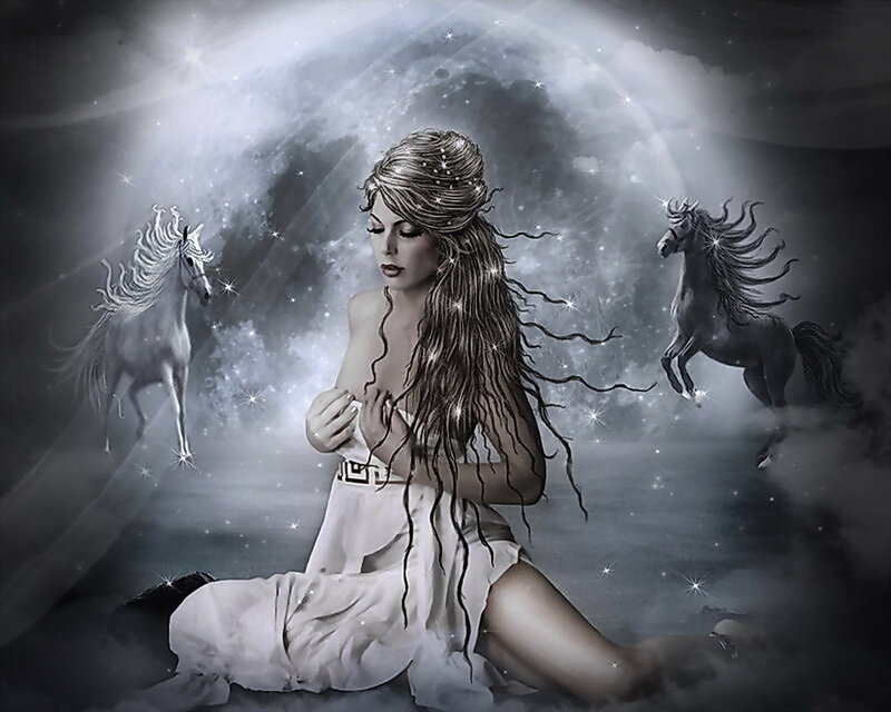 Woman with Horses — White
