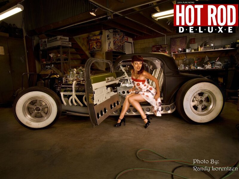 Woman with hot rod car