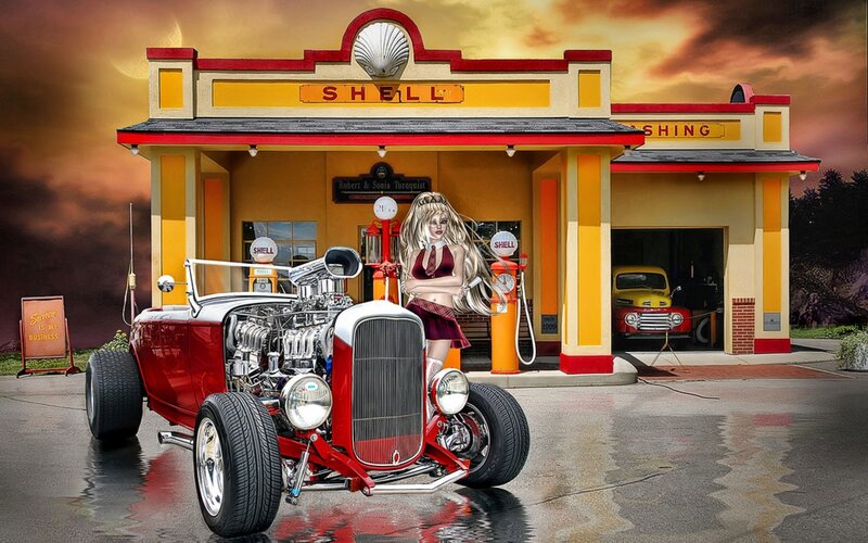 Woman with Hot Rod Car — Red, Dramatic, Sunset