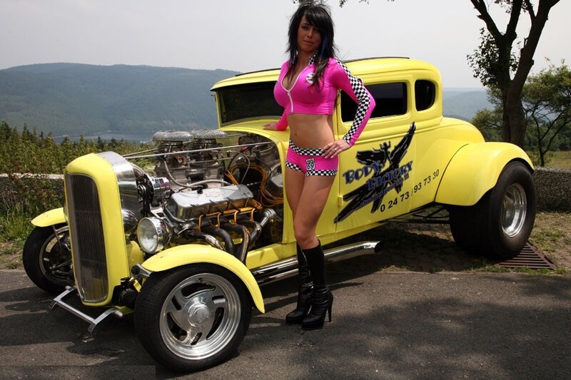 Woman with Hot Rod Car — Yellow