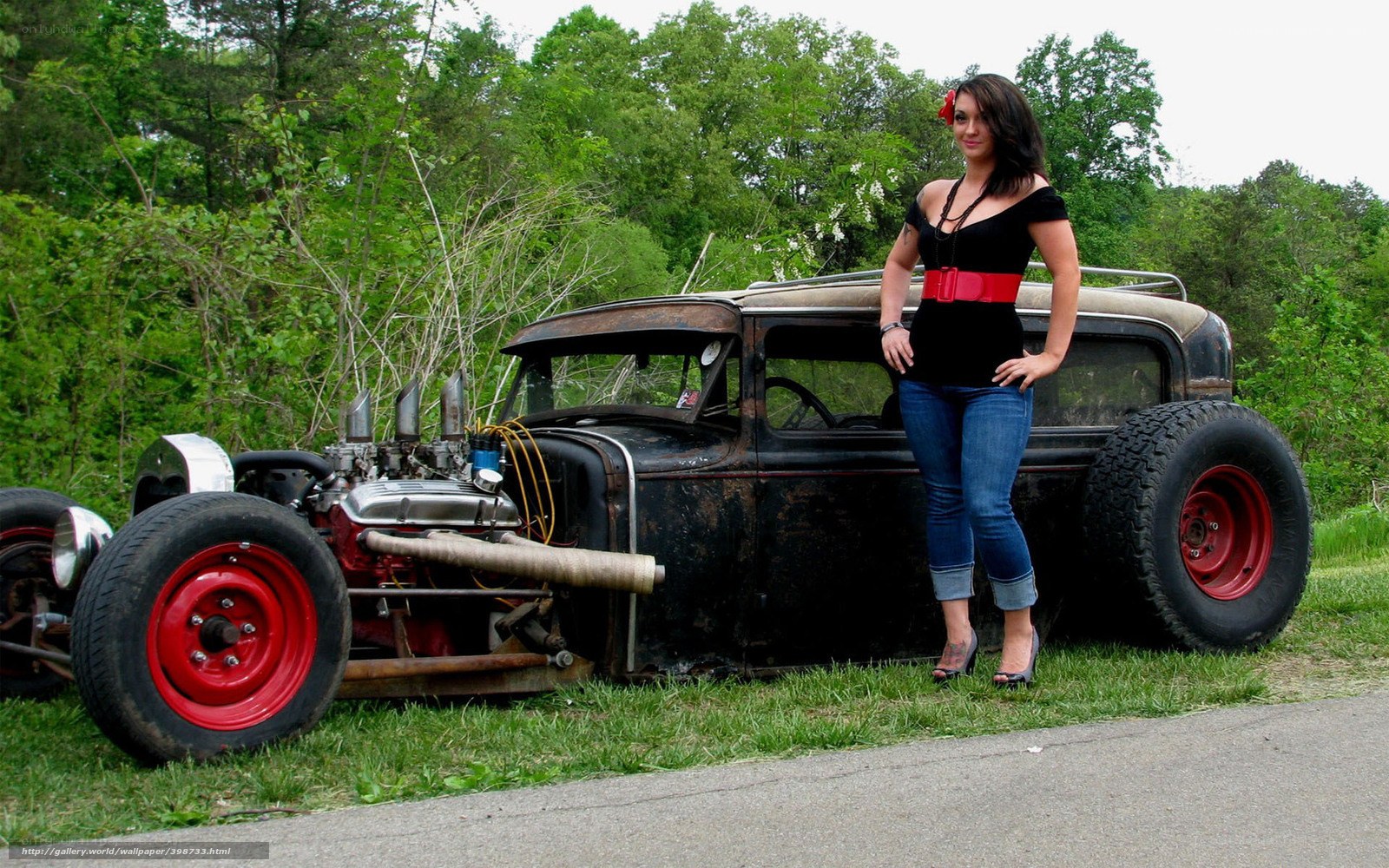 woman with hot rod car