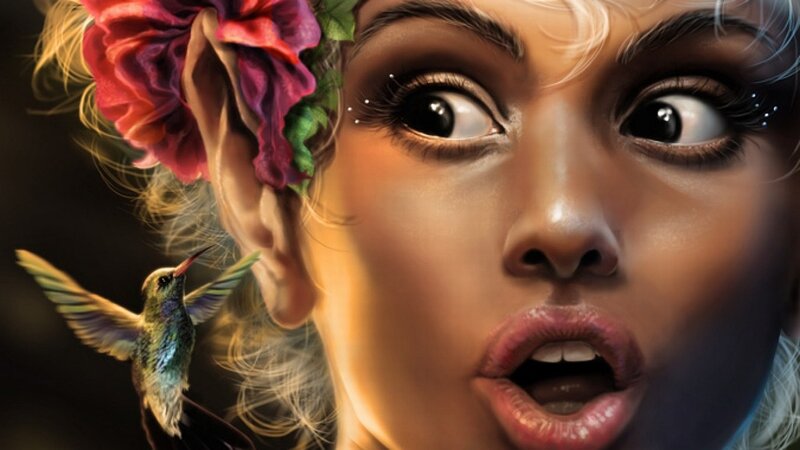 woman with hummingbird and flower