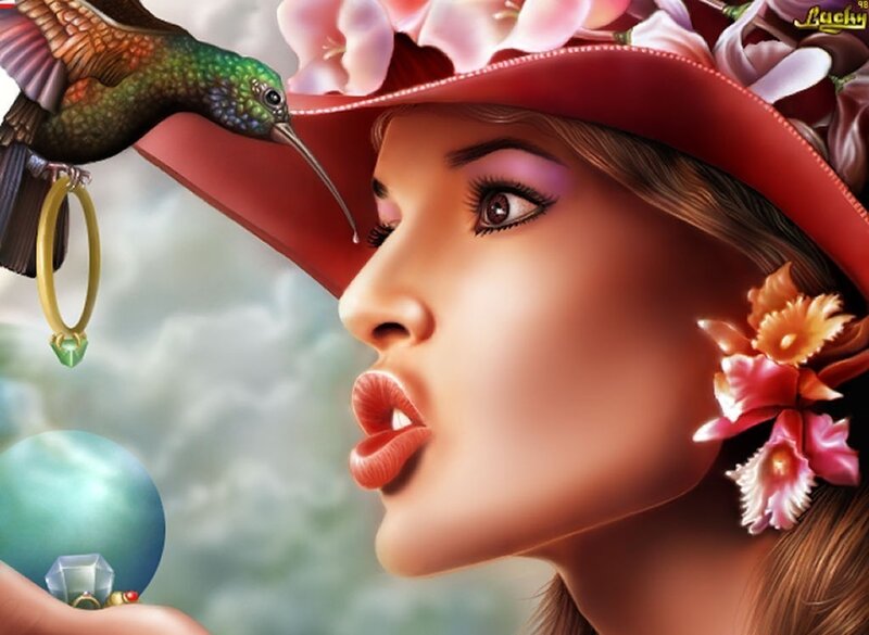 woman with hummingbird and flowers