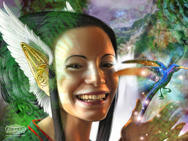 woman with hummingbird and wings