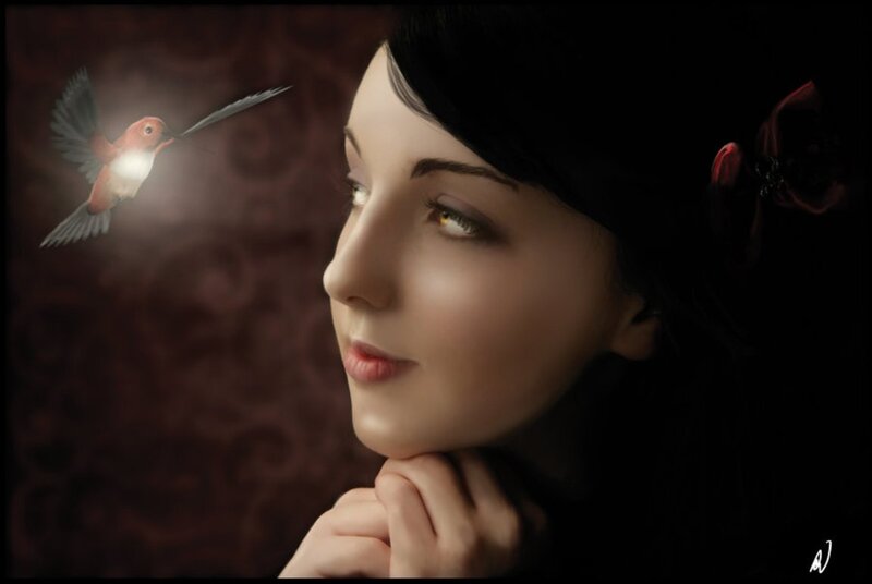 Woman with Hummingbird — Black, Dramatic